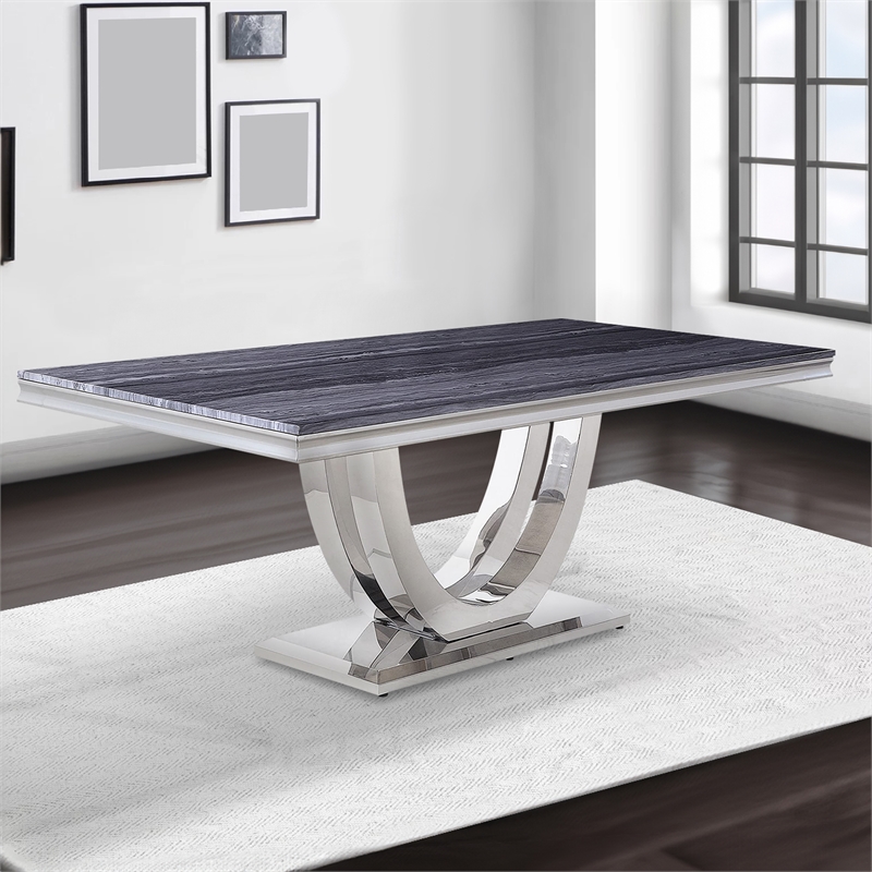 Benjara Dining Table with Faux Marble Top and Open Pedestal Base- Chrome