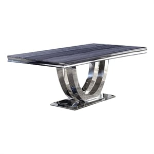 Benjara Dining Table with Faux Marble Top and Open Pedestal Base- Chrome