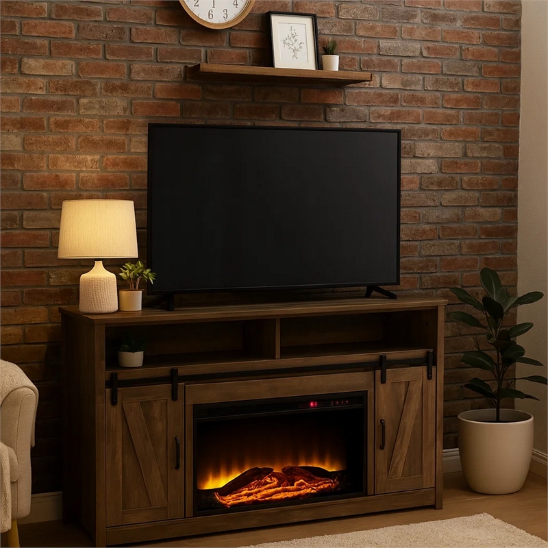 Benjara TV Stand and Fireplace with 2 Sliding Barn Doors- Rustic Brown