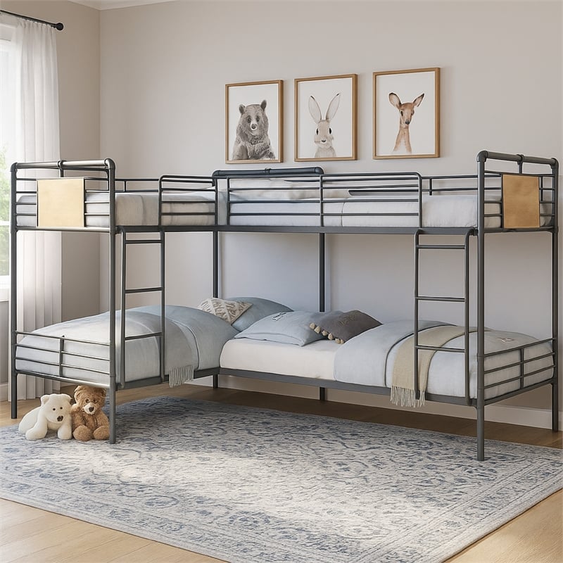 Benjara Twin over Twin Bunk Bed with Safety Guard Rails- S&y Black & Dark Bronze