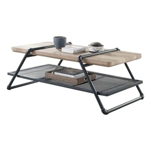 Benjara Coffee Table with Wooden Top and Mesh Shelf- Brown and Black