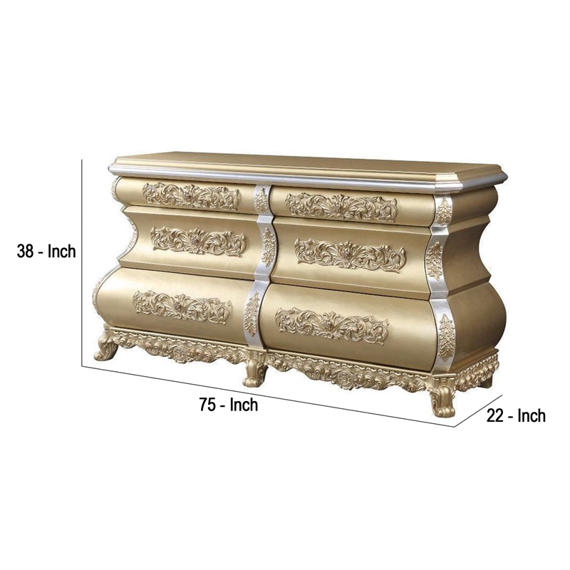 Benjara Server with 6 Drawers and Ornate Engraving- Gold