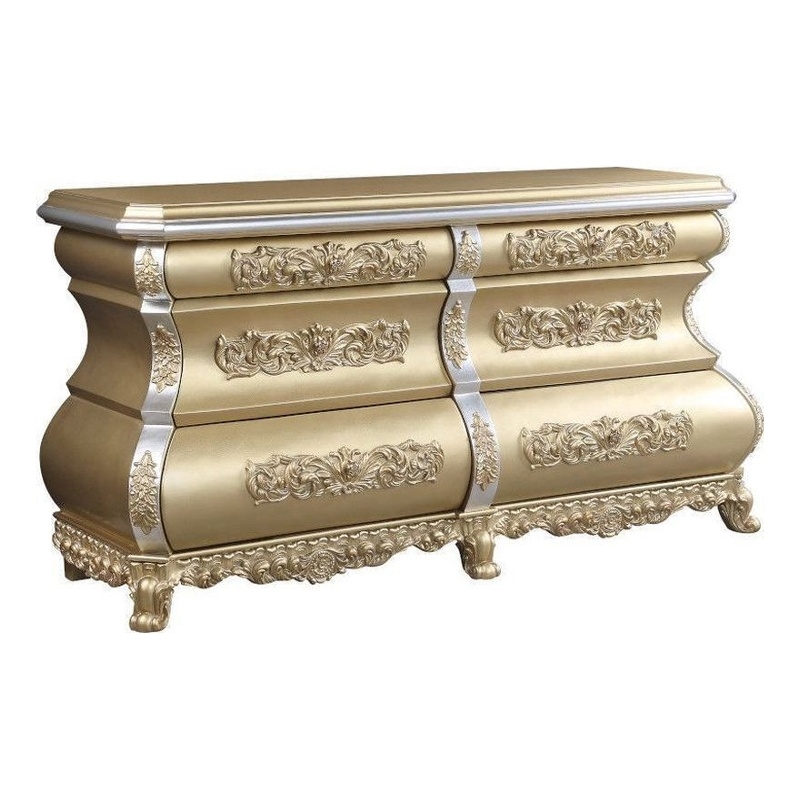 Benjara Server with 6 Drawers and Ornate Engraving- Gold