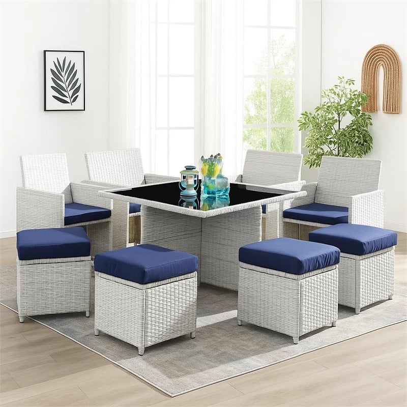 Benjara 9 Piece Patio Set with Wicker Frame and Ottoman- White