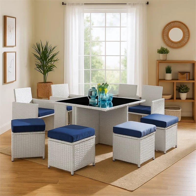 Benjara 9 Piece Patio Set with Wicker Frame and Ottoman- White