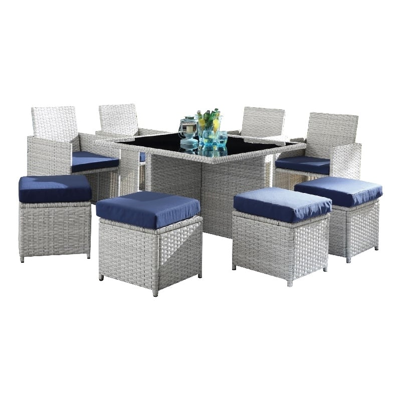 Benjara 9 Piece Patio Set with Wicker Frame and Ottoman- White