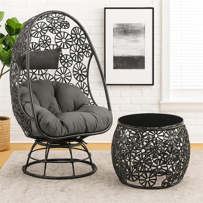 Benjara 2 Piece Patio Lounge Chair with Open Circular Motifs- Black