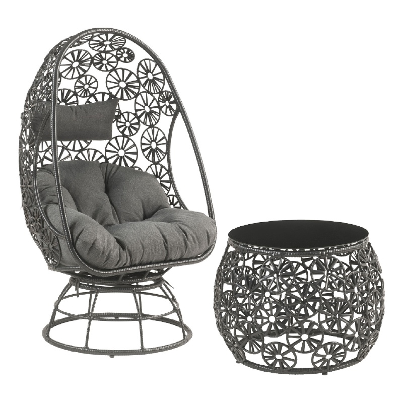 Benjara 2 Piece Patio Lounge Chair with Open Circular Motifs- Black