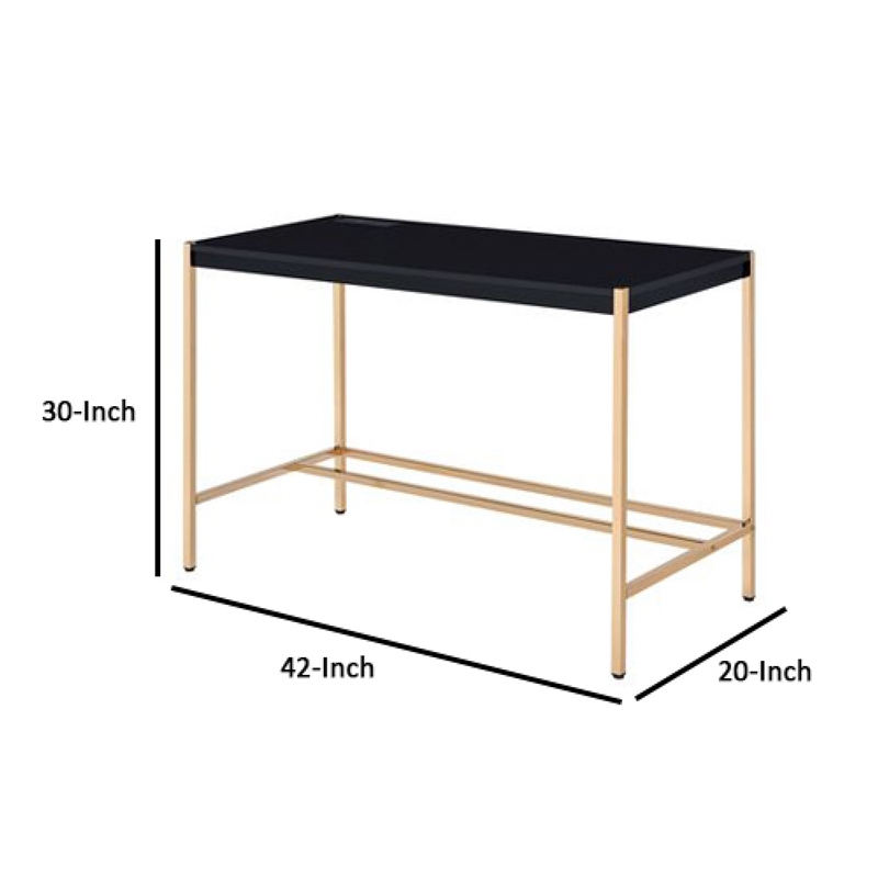 Benjara Writing Desk with USB Dock and Metal Legs- Black and Rose Gold