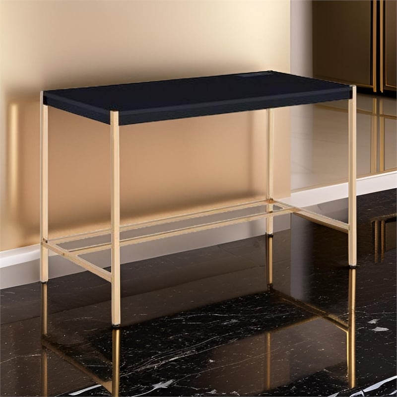 Benjara Writing Desk with USB Dock and Metal Legs- Black and Rose Gold