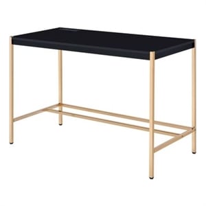Benjara Writing Desk with USB Dock and Metal Legs- Black and Rose Gold