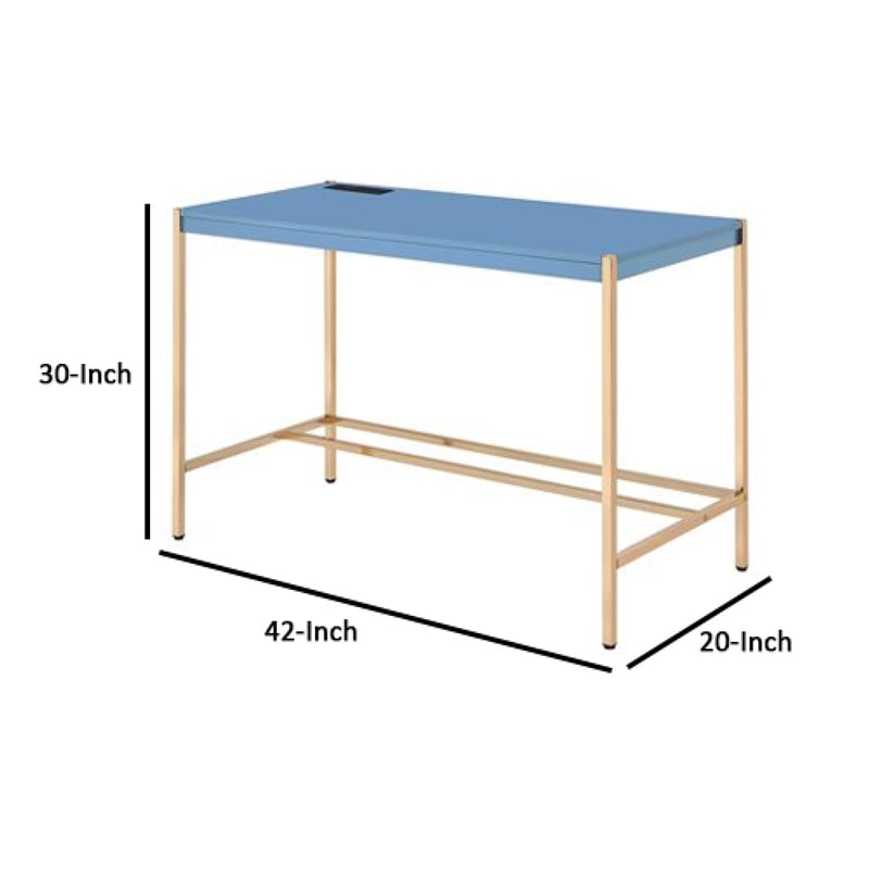 Benjara Writing Desk with USB Dock and Metal Legs- Blue and Rose Gold