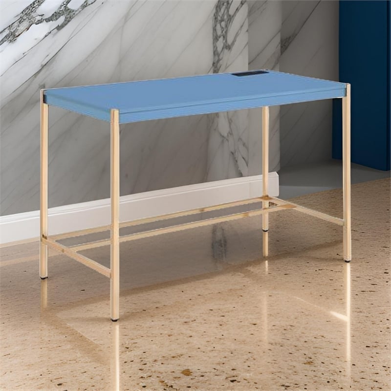 Benjara Writing Desk with USB Dock and Metal Legs- Blue and Rose Gold