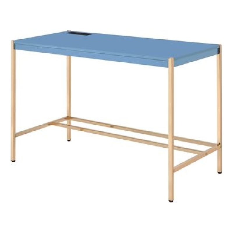 Benjara Writing Desk with USB Dock and Metal Legs- Blue and Rose Gold