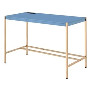 Benjara Writing Desk with USB Dock and Metal Legs- Blue and Rose Gold