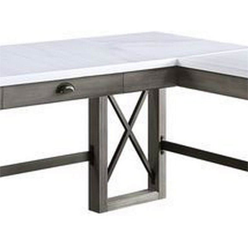 Benjara L Shape Writing Desk with Marble Lift Top and Sled Base- Gray and White