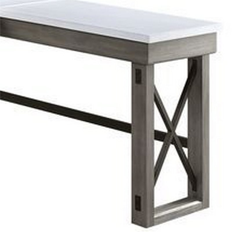 Benjara L Shape Writing Desk with Marble Lift Top and Sled Base- Gray and White