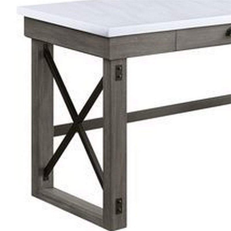 Benjara L Shape Writing Desk with Marble Lift Top and Sled Base- Gray and White
