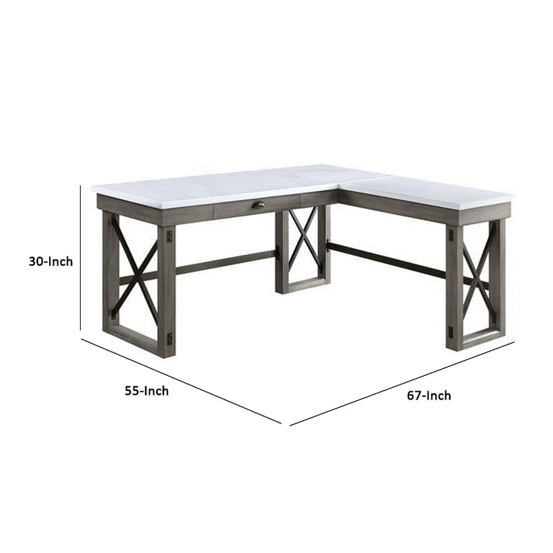 Benjara L Shape Writing Desk with Marble Lift Top and Sled Base- Gray and White