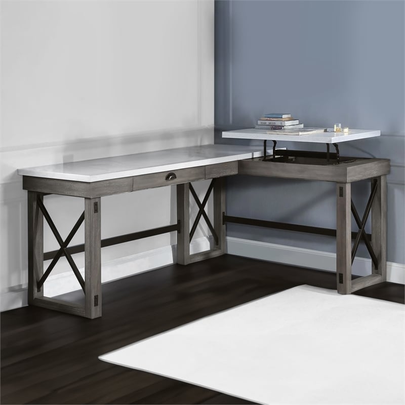 Benjara L Shape Writing Desk with Marble Lift Top and Sled Base- Gray and White
