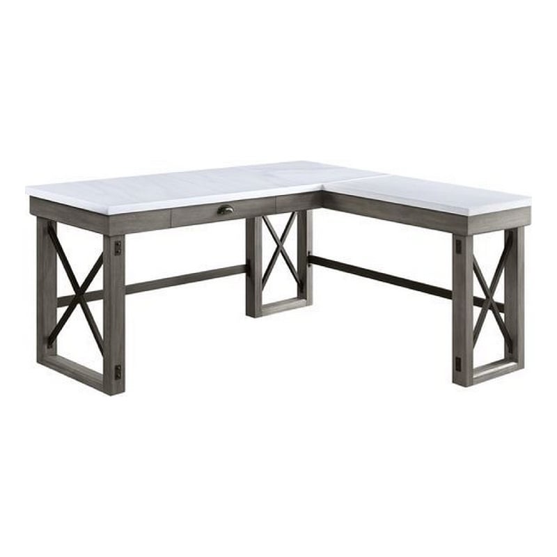 Benjara L Shape Writing Desk with Marble Lift Top and Sled Base- Gray and White