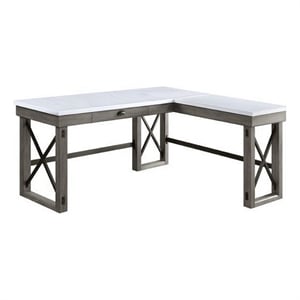 Benjara L Shape Writing Desk with Marble Lift Top and Sled Base- Gray and White