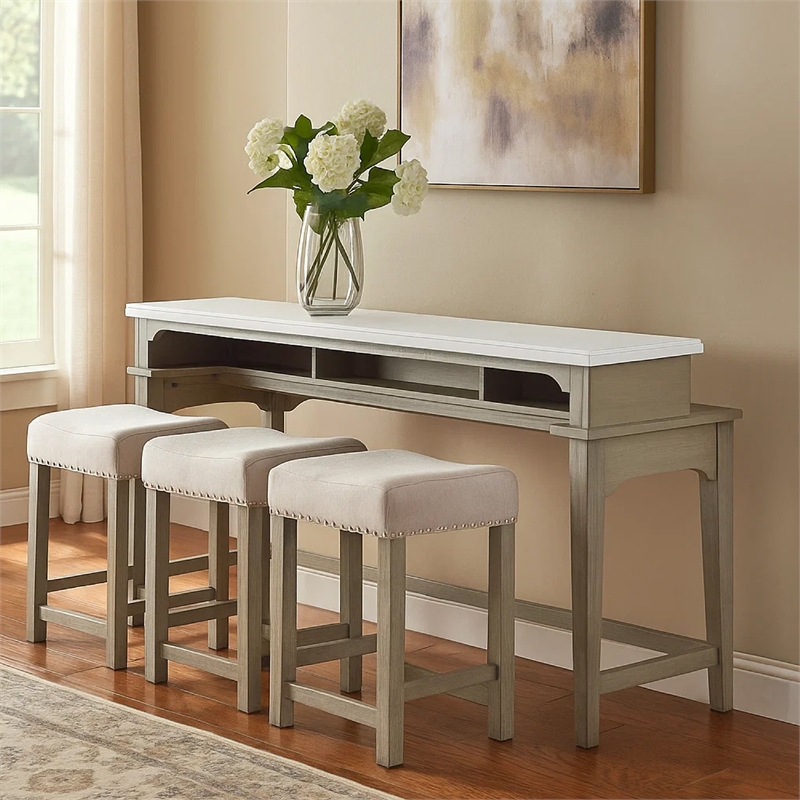 Benjara 4 Piece Counter Height Set with Marble Top and USB- White and Oak Brown