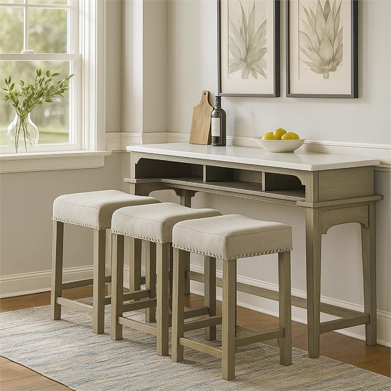 Benjara 4 Piece Counter Height Set with Marble Top and USB- White and Oak Brown