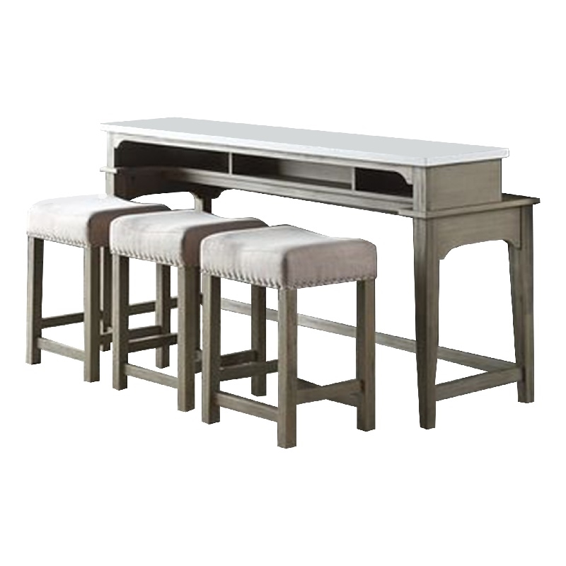 Benjara 4 Piece Counter Height Set with Marble Top and USB- White and Oak Brown