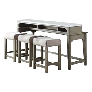 Benjara 4 Piece Counter Height Set with Marble Top and USB- White and Oak Brown