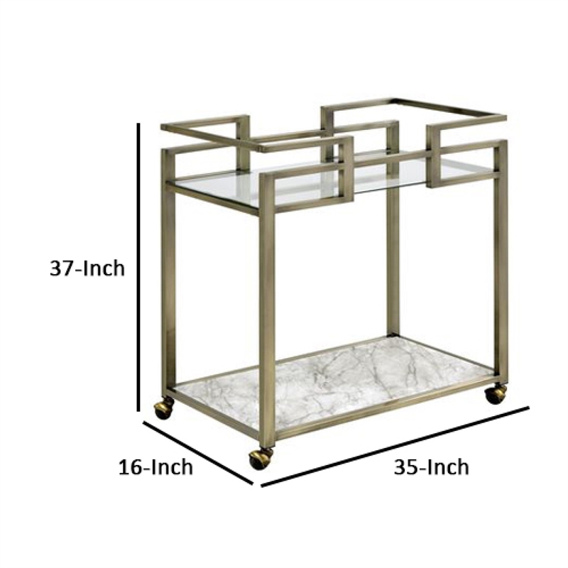 Benjara 2 Tier Serving Cart with Faux Marble and Metal Frame- Silver