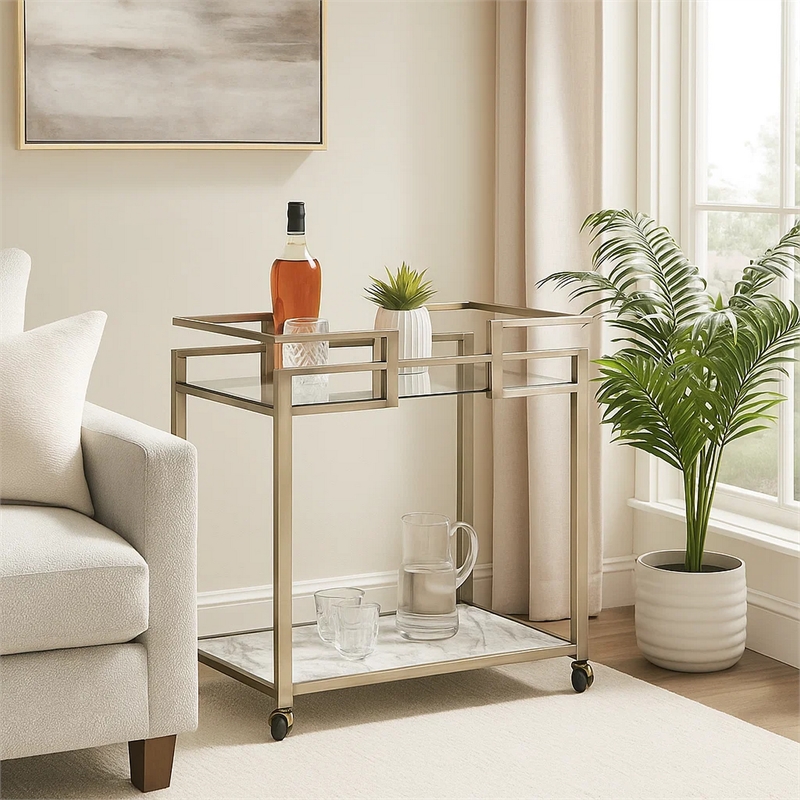 Benjara 2 Tier Serving Cart with Faux Marble and Metal Frame- Silver