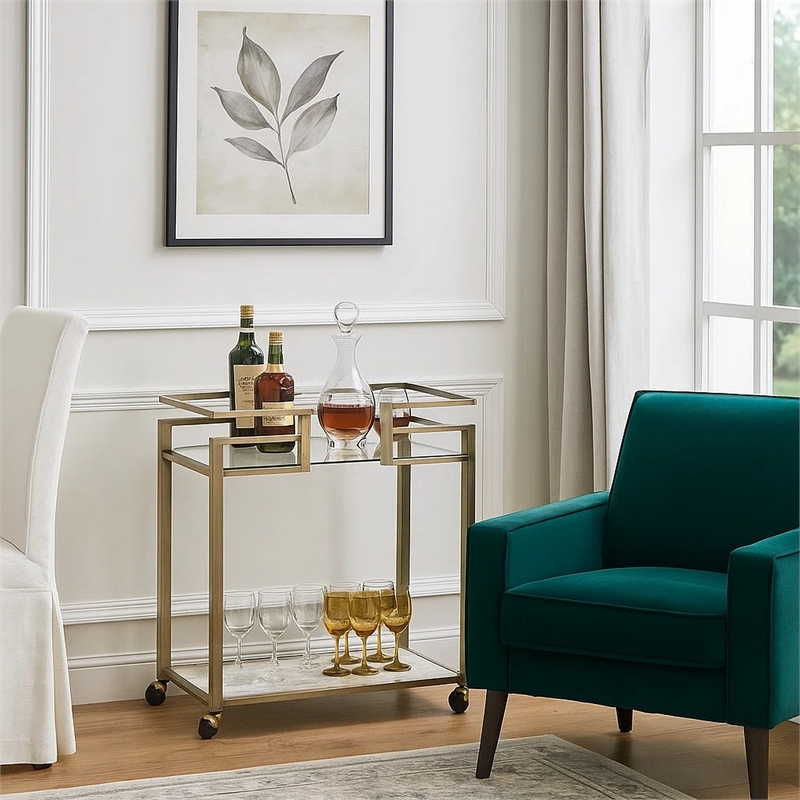 Benjara 2 Tier Serving Cart with Faux Marble and Metal Frame- Silver