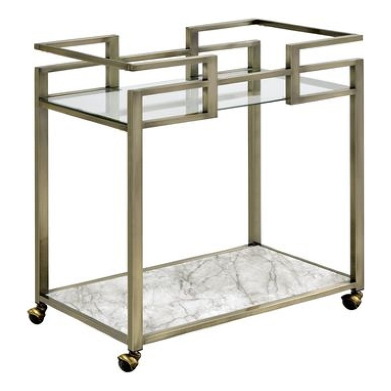 Benjara 2 Tier Serving Cart with Faux Marble and Metal Frame- Silver