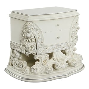 Benjara Rox 40&quot Classic Ornate Carved Nightstand with 2 Drawer- Wood- White
