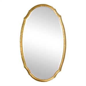 Benjara 36&quot Wood Wall Mirror- Oval Shape- Concave Surface- Gold