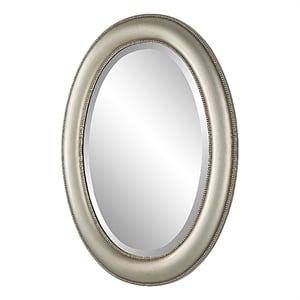 Benjara 29&quot Wood Wall Mirror- Beaded Oval Shape- Metallic Silver