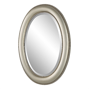 Benjara 29&quot Wood Wall Mirror- Beaded Oval Shape- Metallic Silver