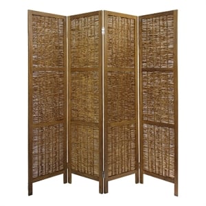 Benjara 68&quot Cottage Style 4 Panel Screen Room Divider- Willow Weaving- Brown