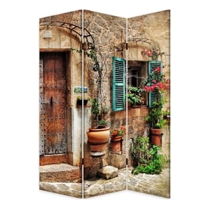 Benjara 72&quot 3 Panel Canvas Room Divider- Streets- Flowers- Plants-Multicolor