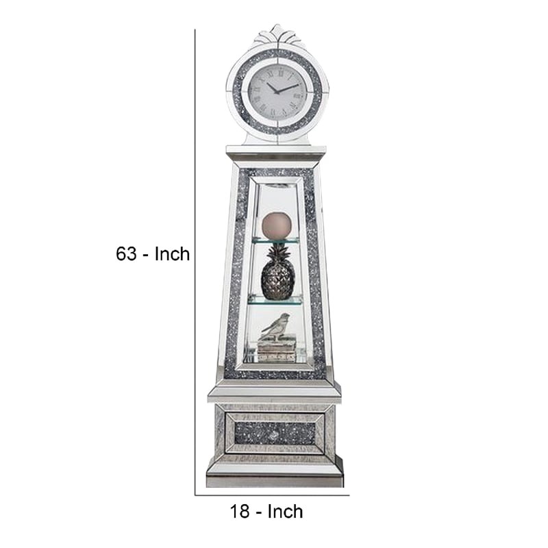 Benjara Mirrored Grandfather Clock with 3 Open Compartments- Silver