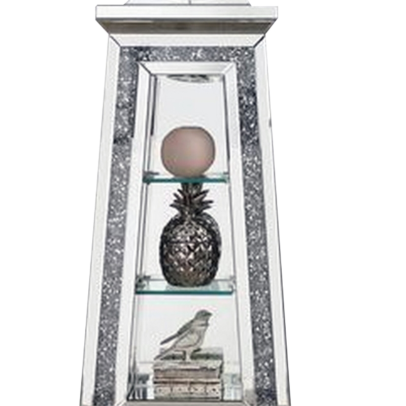 Benjara Mirrored Grandfather Clock with 3 Open Compartments- Silver