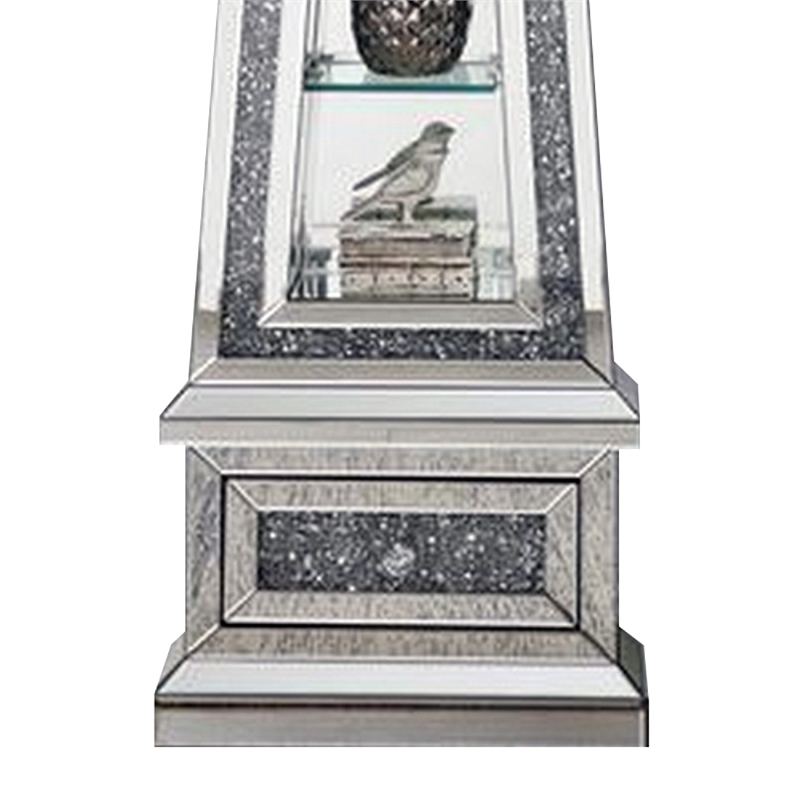 Benjara Mirrored Grandfather Clock with 3 Open Compartments- Silver