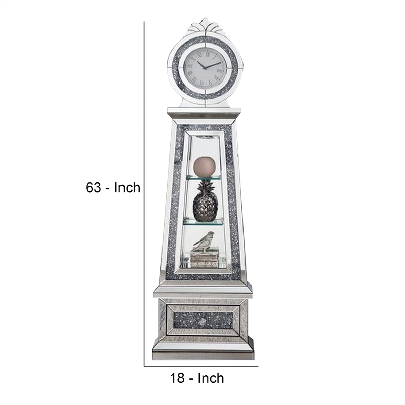 Benjara Mirrored Grandfather Clock with 3 Open Compartments- Silver