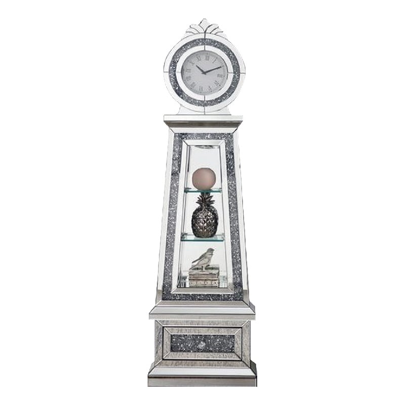 Benjara Mirrored Grandfather Clock with 3 Open Compartments- Silver
