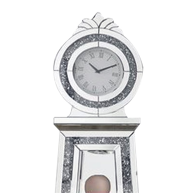 Benjara Mirrored Grandfather Clock with 3 Open Compartments- Silver
