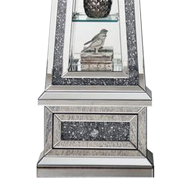 Benjara Mirrored Grandfather Clock with 3 Open Compartments- Silver