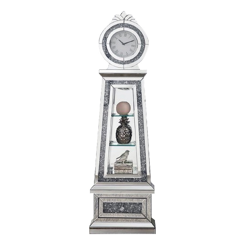 Benjara Mirrored Grandfather Clock with 3 Open Compartments- Silver