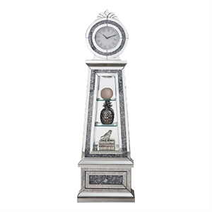 Benjara Mirrored Grandfather Clock with 3 Open Compartments- Silver