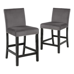 Benjara Kate 40&quot Wooden Counter Height Chair with Velvet Seat (Set of 2)- Gray